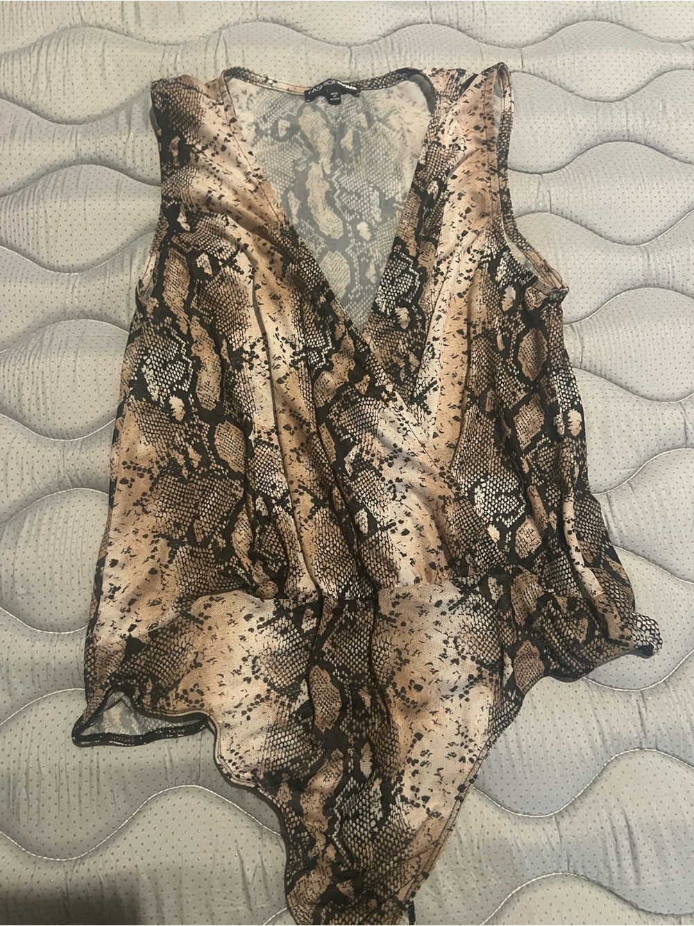 Fashion Nova Beige and Black Snakeskin Sleeveless Wrap Bodysuit